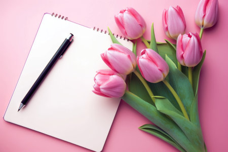 Bouquet of pink tulips and empty notebook. Spring flowers lie on opened notepad. Ai generated.の素材
