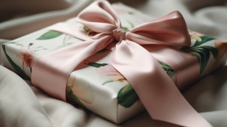 Happy holidays, luxe shopping and love gifts concept. Luxury holiday silk gift box and bouquet of flowers on textured background, romantic surprise as birthday or Valentines Day present. Ai generated.の素材