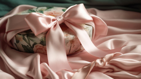 Happy holidays, luxe shopping and love gifts concept. Luxury holiday silk gift box and bouquet of flowers on textured background, romantic surprise as birthday or Valentines Day present. Ai generated.の素材