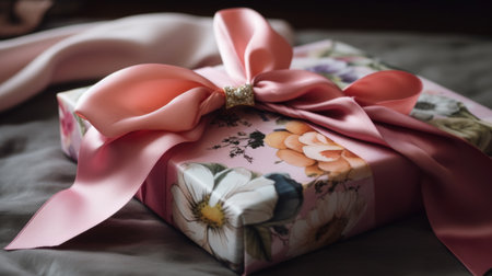 Happy holidays, luxe shopping and love gifts concept. Luxury holiday silk gift box and bouquet of flowers on textured background, romantic surprise as birthday or Valentines Day present. Ai generated.の素材