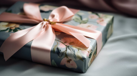 Happy holidays, luxe shopping and love gifts concept. Luxury holiday silk gift box and bouquet of flowers on textured background, romantic surprise as birthday or Valentines Day present. Ai generated.の素材