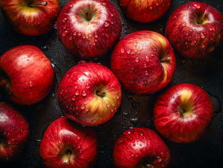 Juicy red apples on a black background. Water drops on apples. Ai generated.の素材