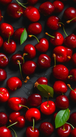 Fresh red cherries torn from the tree. Top view. Ai generated.の素材