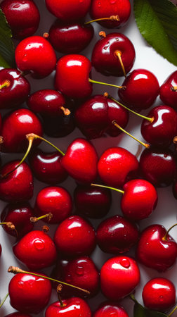 Fresh red cherries torn from the tree. Top view. Ai generated.の素材