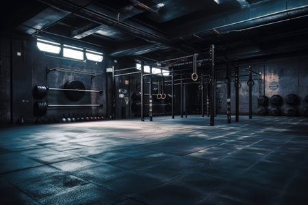 Modern gym. Sports equipment in gym. Barbells of different weight on rack. Ai generated.の素材