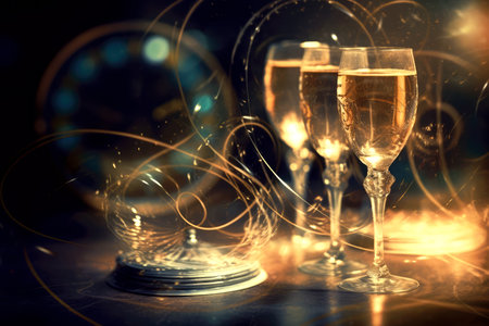 glasses with champagne and clock on the table with Christmas decorations. new year eve, generative AI.の素材