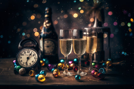 glasses with champagne and clock on the table with Christmas decorations. new year eve, generative AI.の素材