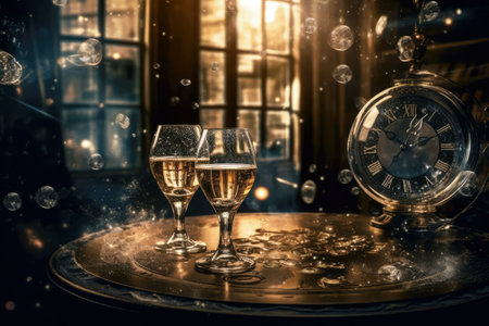 two glasses with champagne and clock on the table with Christmas decorations. new year eve concept, generative AI.の素材