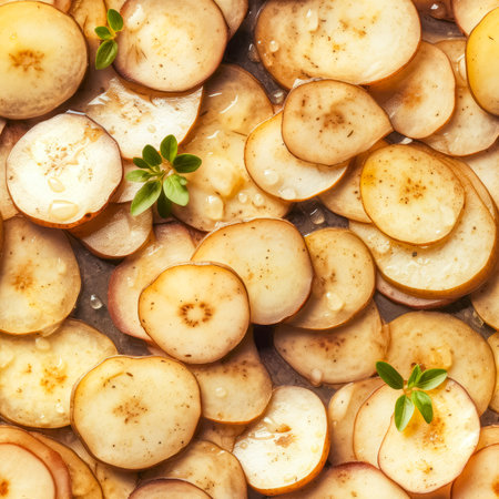 fresh raw potato slices with water drops.の素材