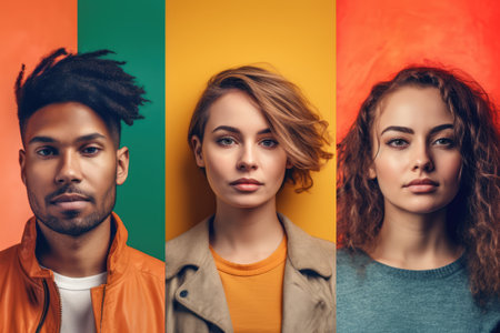 Collage of portraits of young people isolated over multicolored backgrounds. Concept of emotions, facial expression, fashion, beauty.の素材