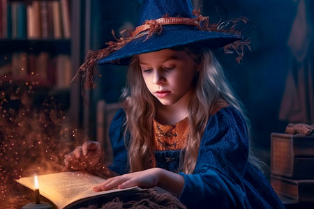 Little girl witch in witches hat reading magic book in library. Fairytale concept. Halloween concept.の素材