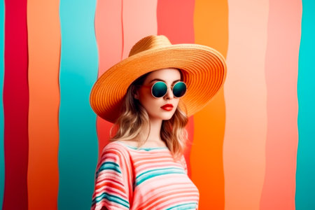 Young woman in stylish sunglasses on colorful background, closeup.の素材