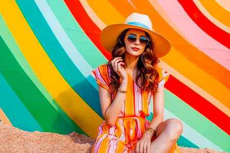 Young woman in stylish sunglasses on colorful background, closeup.の素材