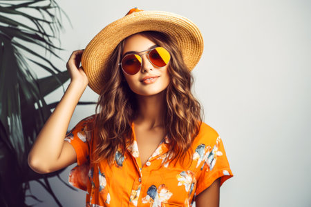 Young woman in stylish sunglasses on gray background, closeup.の素材