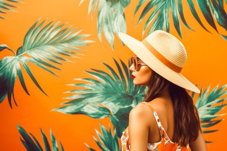 Young woman in stylish sunglasses on orange background, closeup.の素材