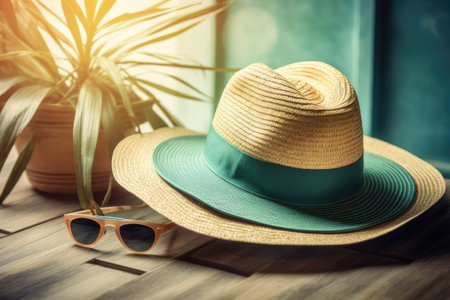 Sunglasses and hat on the wooden texture in sunday.の素材
