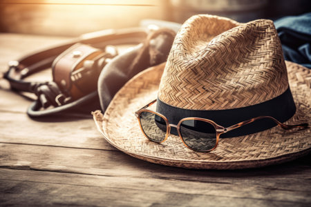 Sunglasses and hat on the wooden texture in sunday.の素材