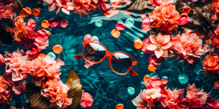 Stylish sunglasses and flowers on color background with water drops.の素材