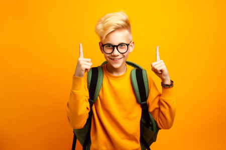 schoolboy in glasses with backpack ready to go to school for education, pointing up with index finger. copy spaceの素材