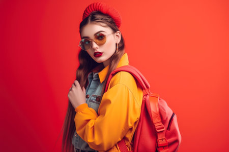 Beautiful young student girl with backpack on colorful background. back to school concept.の素材