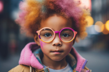 portrait of cute trendy African American little girl with colored Afro hair in eyewear.の素材