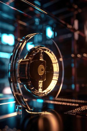 digital padlock. Cyber security technology network data protection technology virtual dashboard.Online internet authorized access against cyber attack privacy business data concept.の素材