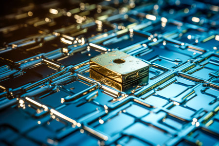 digital padlock. Cyber security technology network data protection technology virtual dashboard.Online internet authorized access against cyber attack privacy business data concept.の素材