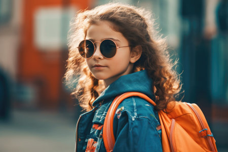 stylish pupil girl in sunglasses with backpack outside. back to school concept.の素材