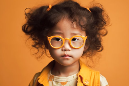 Preschool asian girl in glasses in trendy outfit. Kid's fashion concept.の素材