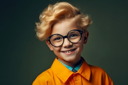 Portrait of smiling little kid boy in glasses over dark background. Kindergarten or school kid.の素材