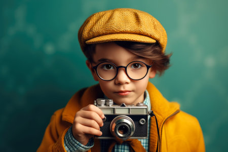 Portrait of little kid boy in glasses with camera in retro style on blue background. vintage concept.の素材