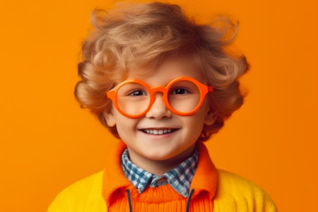 Portrait of smiling little kid boy in glasses over orange background. Kindergarten or school kid.の素材