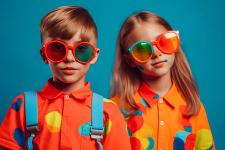Two Preteen kids in colorful sunglasses in bright clothes. Kid's fashion concept.の素材