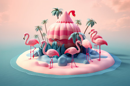 illustration of Small island with flamingos. summer card. illustration for travel, card, holidays, poster, booksの素材