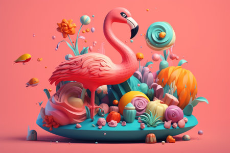 Folded Paper art origami.Tropical background with flamingos. 3D illustration. high quality photoの素材