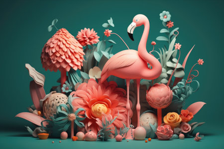 Folded Paper art origami.Tropical background with flamingos. 3D illustration. high quality photoの素材