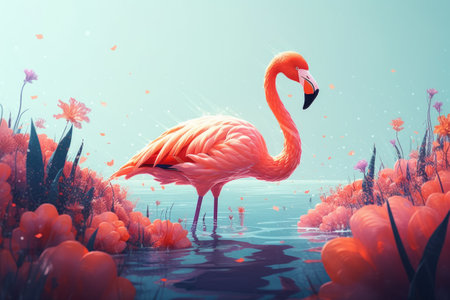 Flamingo animal illustration, pink flamingo in the water. summer card. poster, cards concept.の素材