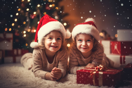two happy kids in winter outfit near Christmas tree at home. Celebration, holidays, family, Christmas, New yearの素材