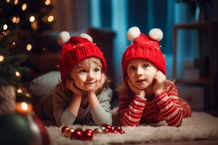 two happy kids in winter outfit near Christmas tree at home. Celebration, holidays, family, Christmas, New yearの素材