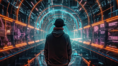 back view of Hacker who stands near the big digital screens in the dark office. cyber crime, cyber safe conceptの素材