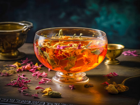 Beautiful glass cup of green tea. tea asian ceremony. Arabic tea. Indian tea.の素材