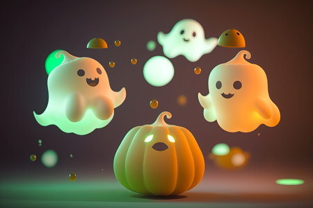 Cute little ghosts flying around pumpkin, Halloween theme background illustration.の素材