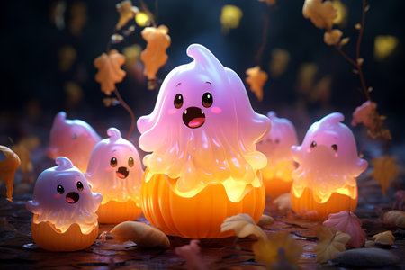 cartoon illustration of nice Halloween pumpkins ghosts with cute face. cartoon style character. Halloween concept.の素材