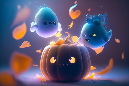 Cute little ghosts flying around pumpkin, Halloween theme background illustration.の素材