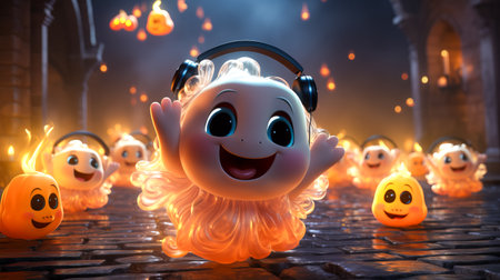 Illustration of fairy cute fanny ghosts in headphones. Halloween concept.の素材