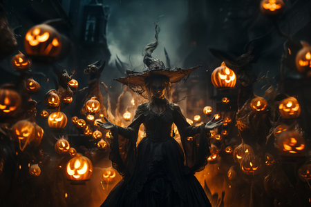 illustration of beautiful witch surrounded by Halloween Jack-o'-lanterns (carved pumpkins). halloween conceptの素材