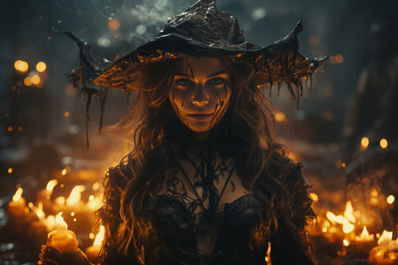 Dark and beautiful witch conjures on Halloween night. Fairytales. Halloween magic.の素材