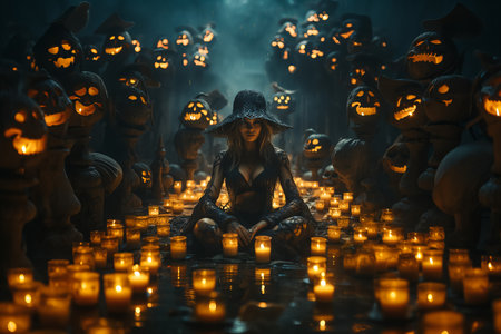 Dark and beautiful witch conjures on Halloween night. Fairytales. Halloween magic.の素材