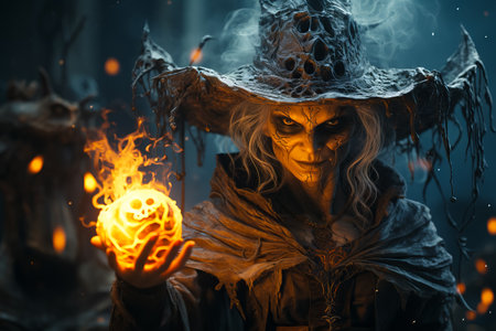 angry witch is preparing spell. Halloween concept. horror movie.の素材