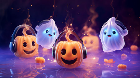 Illustration of fairy pumpkins and ghosts in headphones. Halloween concept.の素材